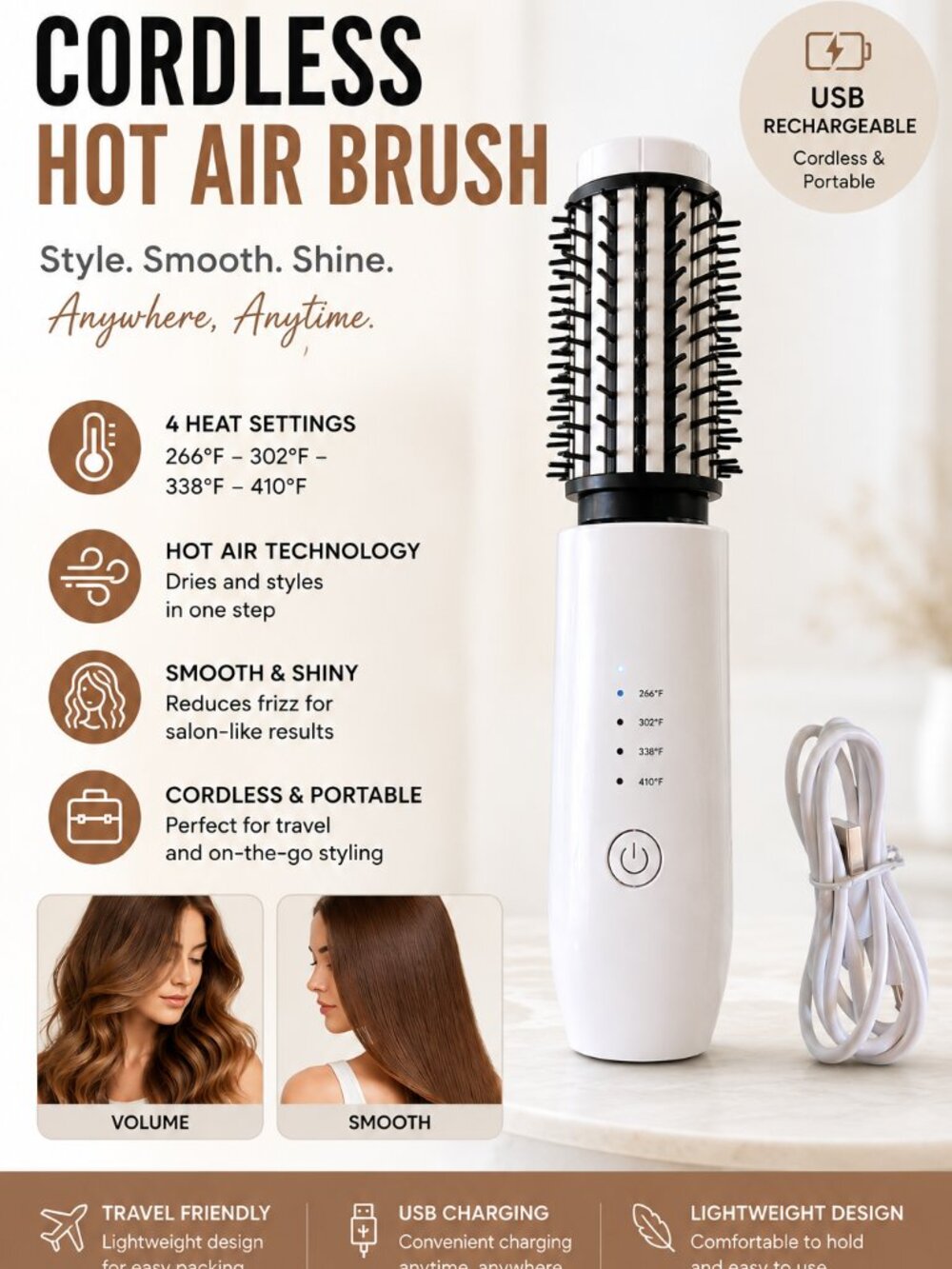 Portable Mini Cordless Heated Round Brush Hair Styler, 1.5"